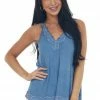 POL Clothing Steel Blue Washed Lace Trim Knit Cami Top Tops 1 POL Clothing Steel Blue Washed Lace Trim Knit Cami Top Tops