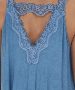 POL Clothing Steel Blue Washed Lace Trim Knit Cami Top Tops 13 POL Clothing Steel Blue Washed Lace Trim Knit Cami Top Tops