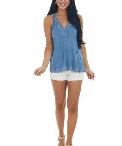 POL Clothing Steel Blue Washed Lace Trim Knit Cami Top Tops 10 POL Clothing Steel Blue Washed Lace Trim Knit Cami Top Tops