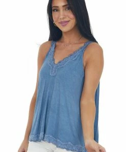 POL Clothing Steel Blue Washed Lace Trim Knit Cami Top Tops 11 POL Clothing Steel Blue Washed Lace Trim Knit Cami Top Tops