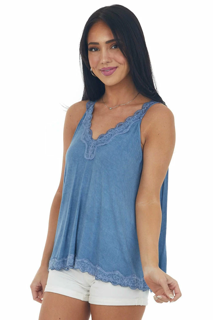 POL Clothing Steel Blue Washed Lace Trim Knit Cami Top Tops 6 POL Clothing Steel Blue Washed Lace Trim Knit Cami Top Tops