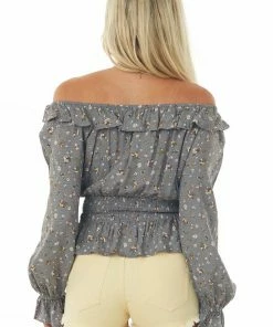 Illa Illa Steel Floral Off Shoulder Peplum Blouse Tops