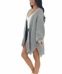 Fantastic Fawn Tops Steel Grey Side Pocket Pointelle Cardigan