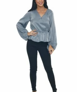 Peach Love Steel Metallic Drop Waist Surplice Peplum Top 24 Peach Love Steel Metallic Drop Waist Surplice Peplum Top
