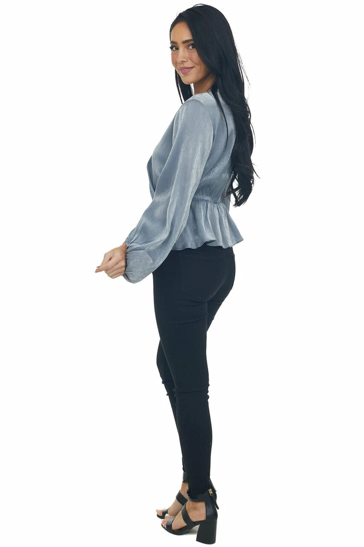 Peach Love Steel Metallic Drop Waist Surplice Peplum Top 8 Peach Love Steel Metallic Drop Waist Surplice Peplum Top