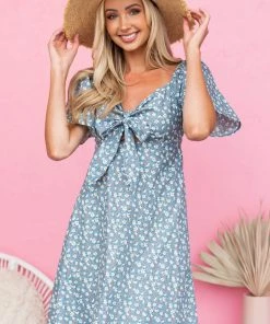 Umgee Dresses Steel Blue Floral Front Tie Cut Out Mini Dress