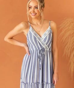 ANGIE Dresses Steel Blue Striped Tiered Surplice Maxi Dress