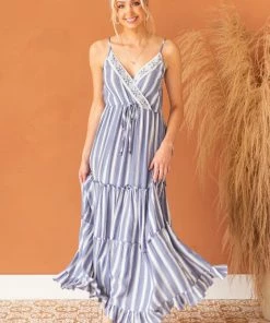 ANGIE Dresses Steel Blue Striped Tiered Surplice Maxi Dress