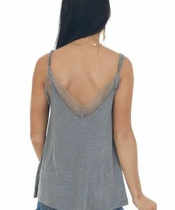 Ces Femme Stone Grey Lace Trim Button Detail Knit Cami Tops