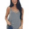 Ces Femme Stone Grey Lace Trim Button Detail Knit Cami Tops