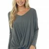 BOMBOM Stone Grey Long Sleeve Knit Top With Front Twist Detail