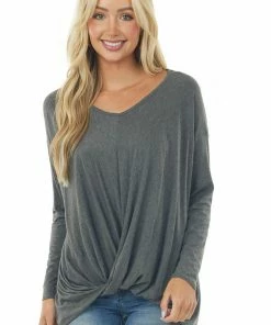 BOMBOM Stone Grey Long Sleeve Knit Top With Front Twist Detail