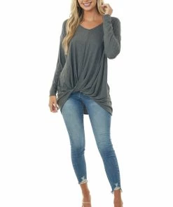 BOMBOM Stone Grey Long Sleeve Knit Top With Front Twist Detail