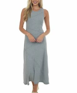 Very J Stone Grey Raw Edge Detail Ribbed Midi Dress Dresses