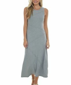 Very J Stone Grey Raw Edge Detail Ribbed Midi Dress Dresses