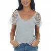 POL Clothing Tops Stone Grey Scoop Neck Top With Sheer Lace Sleeves And Fringe 1 POL Clothing Tops Stone Grey Scoop Neck Top With Sheer Lace Sleeves And Fringe