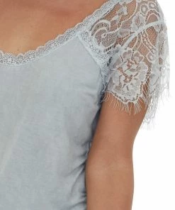 POL Clothing Tops Stone Grey Scoop Neck Top With Sheer Lace Sleeves And Fringe