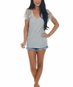 POL Clothing Tops Stone Grey Scoop Neck Top With Sheer Lace Sleeves And Fringe