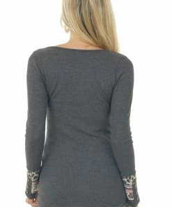 American Chic Stone Grey Waffle Knit Top With Multiprint Cuff Detail Tops