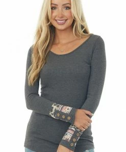 American Chic Stone Grey Waffle Knit Top With Multiprint Cuff Detail Tops