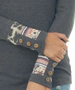 American Chic Stone Grey Waffle Knit Top With Multiprint Cuff Detail Tops
