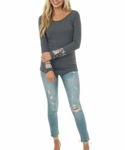 American Chic Stone Grey Waffle Knit Top With Multiprint Cuff Detail Tops