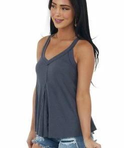 La Miel Stormy Grey V Neck Raw Edge Ribbed Tank Top Tops