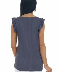 Haptics Stormy Grey V Neck Ruched Bust Ribbed Knit Top