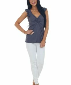 Haptics Stormy Grey V Neck Ruched Bust Ribbed Knit Top