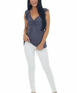 Haptics Stormy Grey V Neck Ruched Bust Ribbed Knit Top
