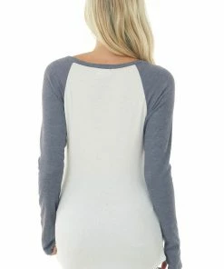 Lovely Melody Tops Stormy Grey And Ivory Long Sleeve Top With X Stitch Detail