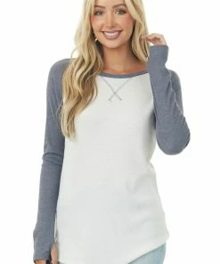 Lovely Melody Tops Stormy Grey And Ivory Long Sleeve Top With X Stitch Detail
