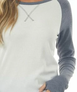 Lovely Melody Tops Stormy Grey And Ivory Long Sleeve Top With X Stitch Detail