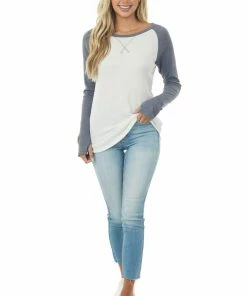 Lovely Melody Tops Stormy Grey And Ivory Long Sleeve Top With X Stitch Detail