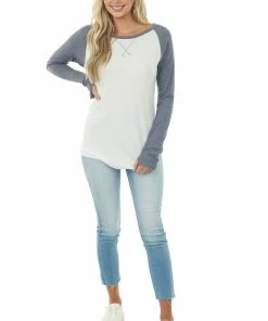Lovely Melody Tops Stormy Grey And Ivory Long Sleeve Top With X Stitch Detail