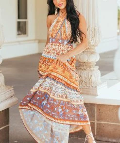 Flying Tomato Straw Boho Print Cross Halter Neck Maxi Dress Dresses