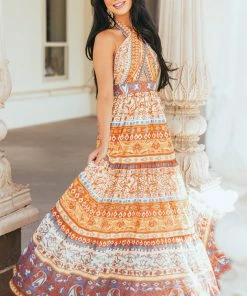 Flying Tomato Straw Boho Print Cross Halter Neck Maxi Dress Dresses