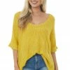 Ces Femme Tops Straw Rolled Cuff Loose Knit Top With Pocket