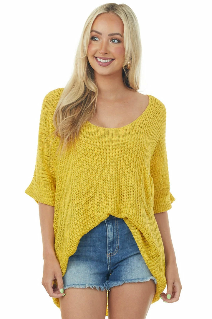 Ces Femme Tops Straw Rolled Cuff Loose Knit Top With Pocket 3 Ces Femme Tops Straw Rolled Cuff Loose Knit Top With Pocket