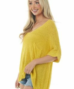 Ces Femme Tops Straw Rolled Cuff Loose Knit Top With Pocket 11 Ces Femme Tops Straw Rolled Cuff Loose Knit Top With Pocket