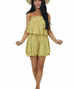 Allie Rose Dresses Straw Spotted Ruffle Overlay Strapless Romper