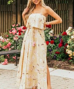 Aakaa Straw Floral Sleeveless Side Slit Maxi Dress