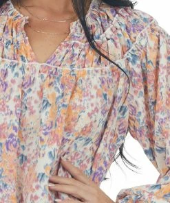 Entro Sunset Floral Print Bubble Sleeve Blouse
