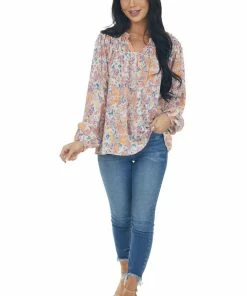 Entro Sunset Floral Print Bubble Sleeve Blouse