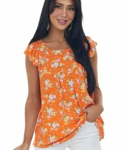 Staccato Sunset Floral Ruffle Cap Sleeve Babydoll Top Tops 12 Staccato Sunset Floral Ruffle Cap Sleeve Babydoll Top Tops