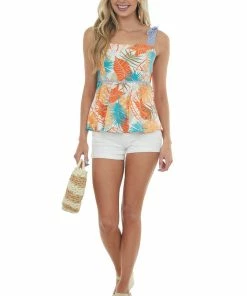 Hailey & Co Tops Sunset Multiprint Peplum Tank Top With Tie Straps