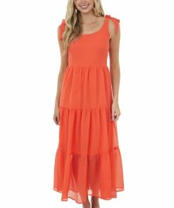 She + Sky Sunset Sleeveless Shoulder Tie Tiered Maxi Dress Dresses