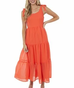 She + Sky Sunset Sleeveless Shoulder Tie Tiered Maxi Dress Dresses