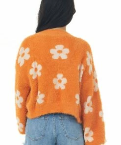Miss Sparkling Sunset And White Daisy Print Fuzzy Knit Cardigan