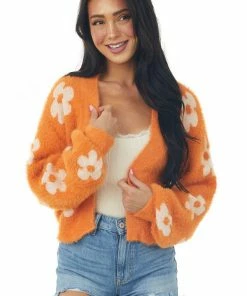 Miss Sparkling Sunset And White Daisy Print Fuzzy Knit Cardigan